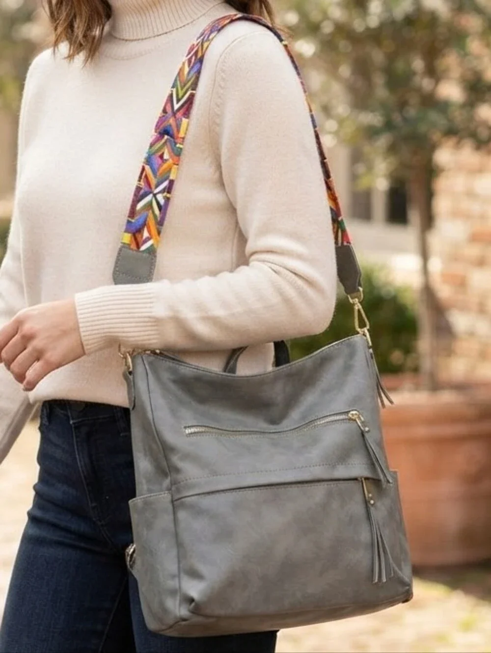 Premium Convertible Gray Faux Leather Backpack with Woven Boho Strap - EUC
